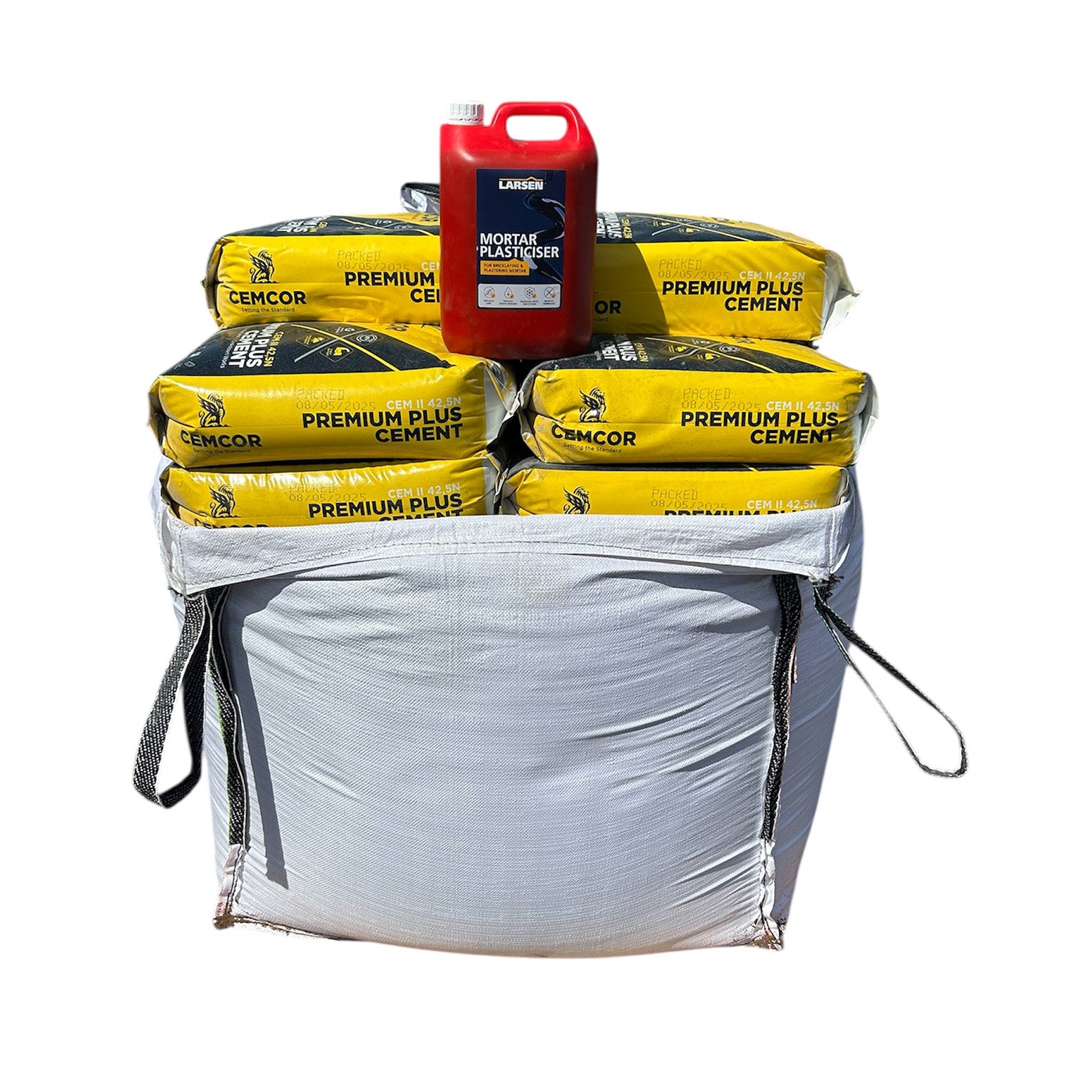 Building Mortar Bundle Large Pallet Jumbo 750kg Building Sand 10x25kg Cemcor Cement 1x5L Larsen Plasticiser