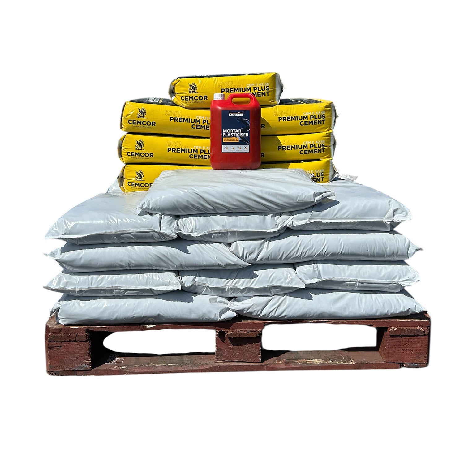 Building Mortar Bundle Medium Pallet 21x25kg Building Sand 7x25kg Cemcor Cement 1x5L Larsen Plasticiser