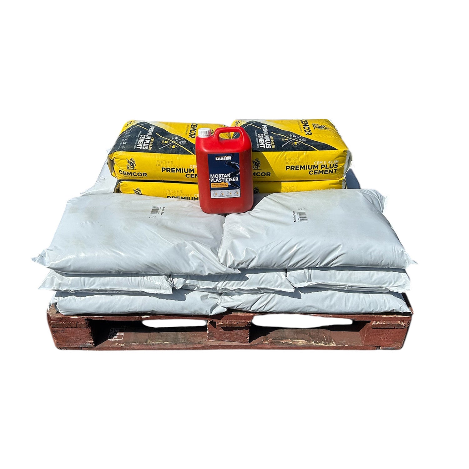 Building Mortar Bundle Small Pallet 12x25kg Building Sand 4x25kg Cemcor Cement 1x5L Larsen Plasticiser