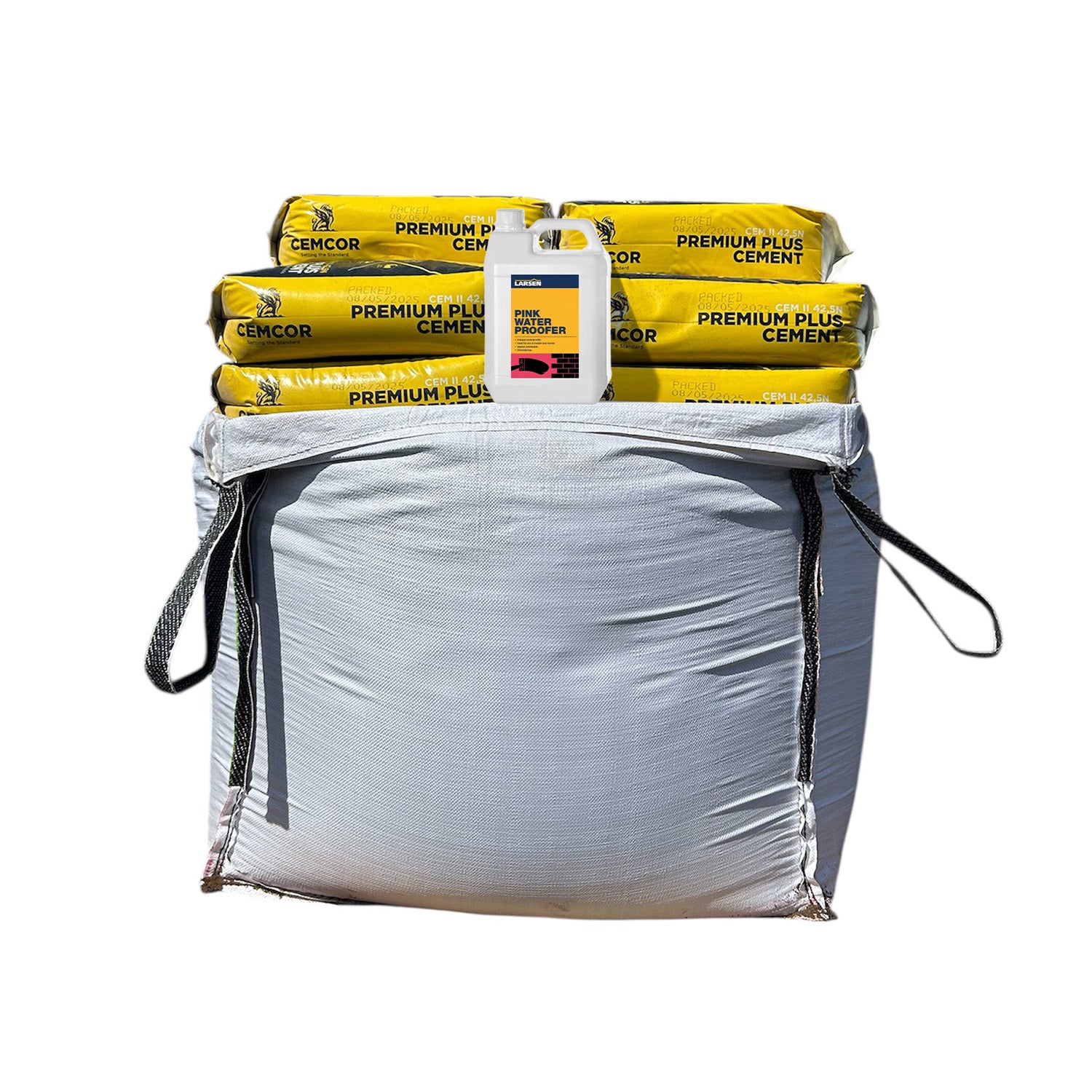Scratch Plaster Bundle Large Pallet 750kg Jumbo Plastering Sand 10x25kg Cemcor Cement 1x5L Larsen Waterproofer