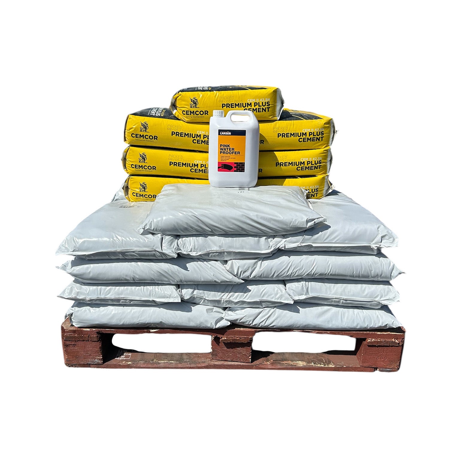 Scratch Plaster Bundle Medium Pallet 20x25kg Plastering Sand 7x25kg Cemcor Cement 1x5L Larsen Waterproofer