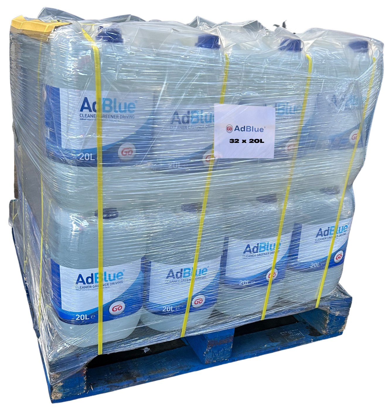 Pallet of AdBlue containers with visible labels on a white background
