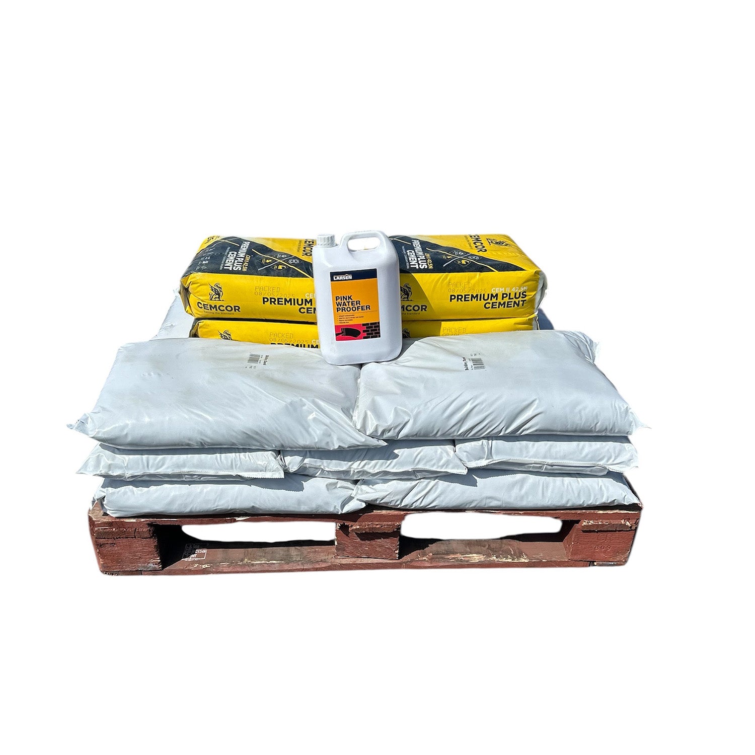 Scratch Plaster Bundle Small Pallet 12x25kg Plastering Sand 4x25kg Cemcor Cement 1x5L Larsen Waterproofer